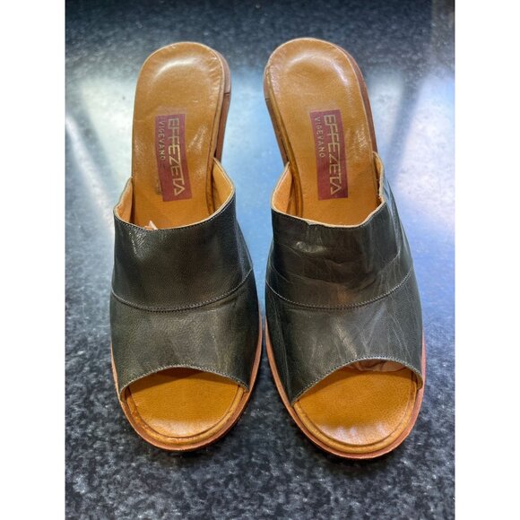 Vtg Effezeta Vigevano  Made In Italy Slide On Wooden High Heels Shoes Deep Teal - Picture 1 of 10